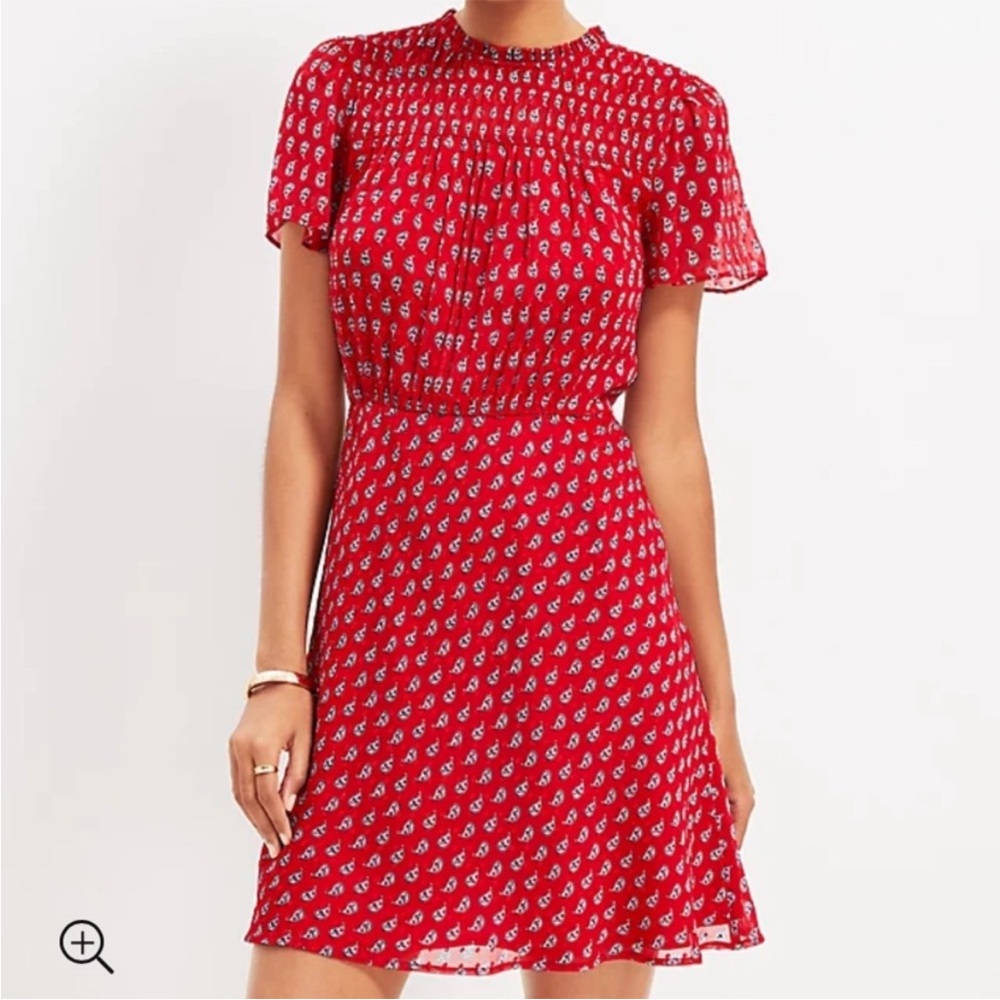 NWT LOFT Paisley Clip Smocked Yoke Mini Dress - Tango Red